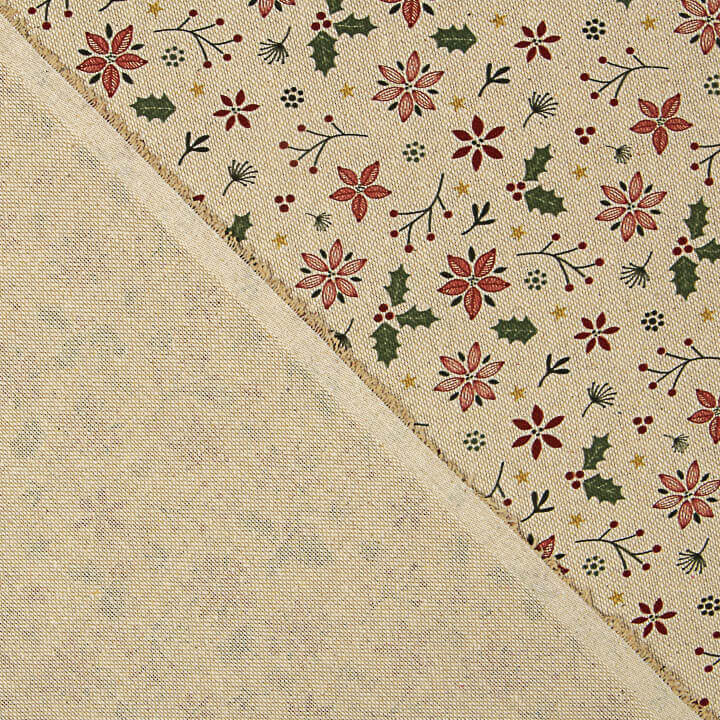 Christmas Cotton Poplin with Floral Design and Holly - Ribes y Casals