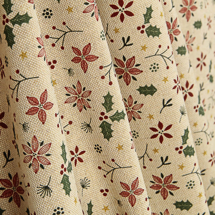 Christmas Cotton Poplin with Floral Design and Holly - Ribes y Casals
