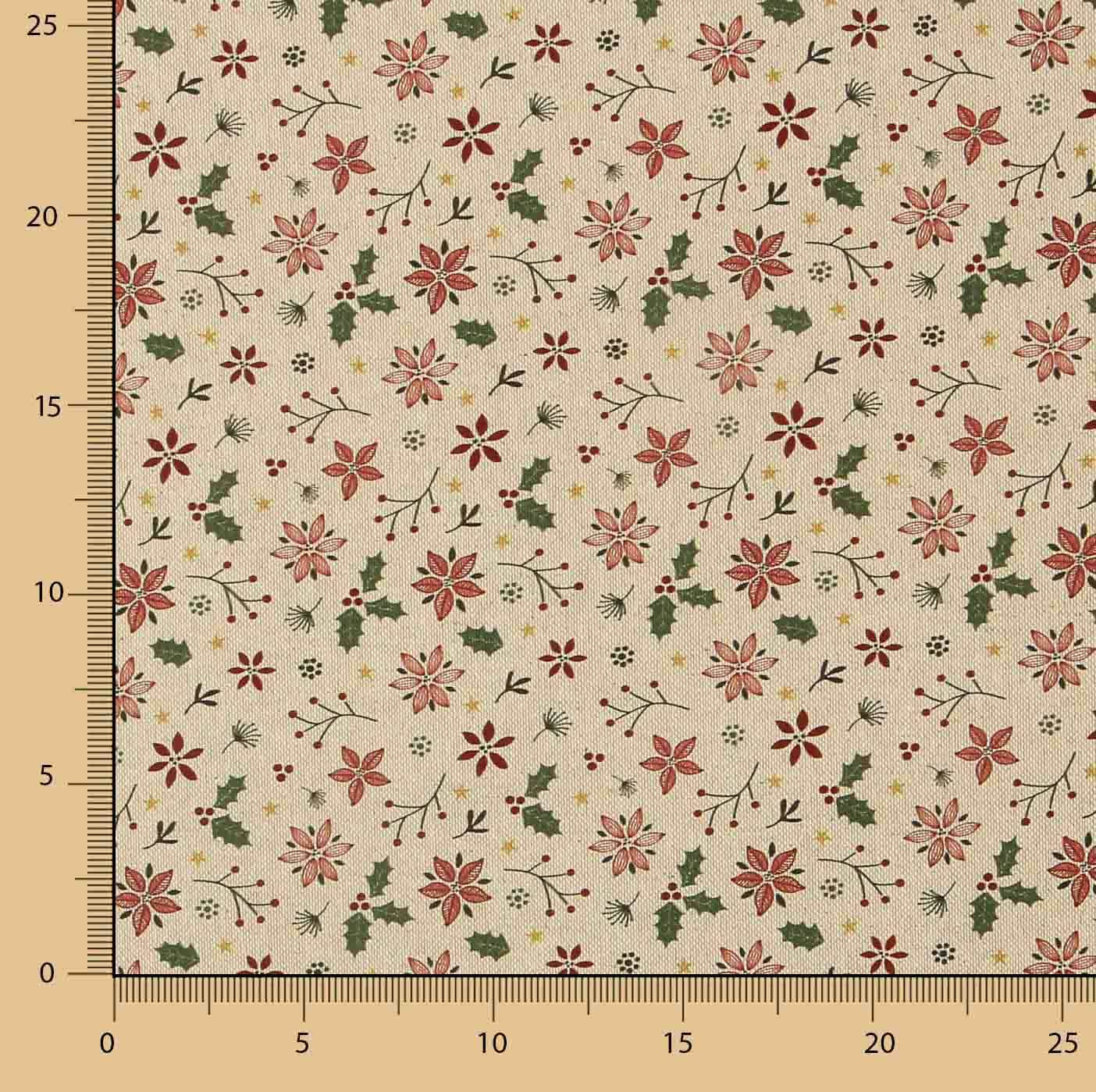 Christmas Cotton Poplin with Floral Design and Holly - Ribes y Casals