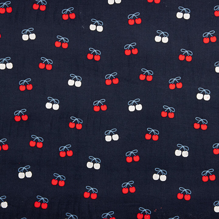 Navy Blue Cherry-Printed Cotton Needlecord - Ribes y Casals