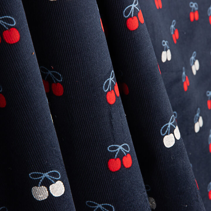 Navy Blue Cherry-Printed Cotton Needlecord - Ribes y Casals
