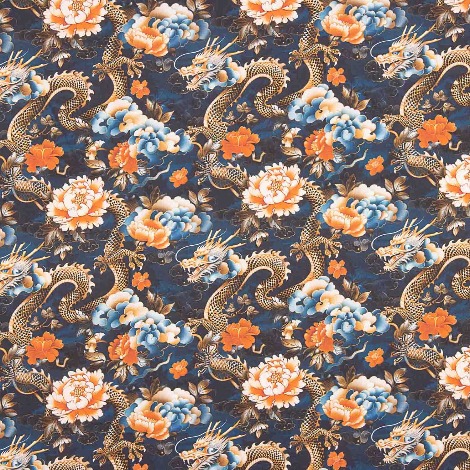 Cotton Poplin with Oriental Dragon and Floral Print - Ribes y Casals