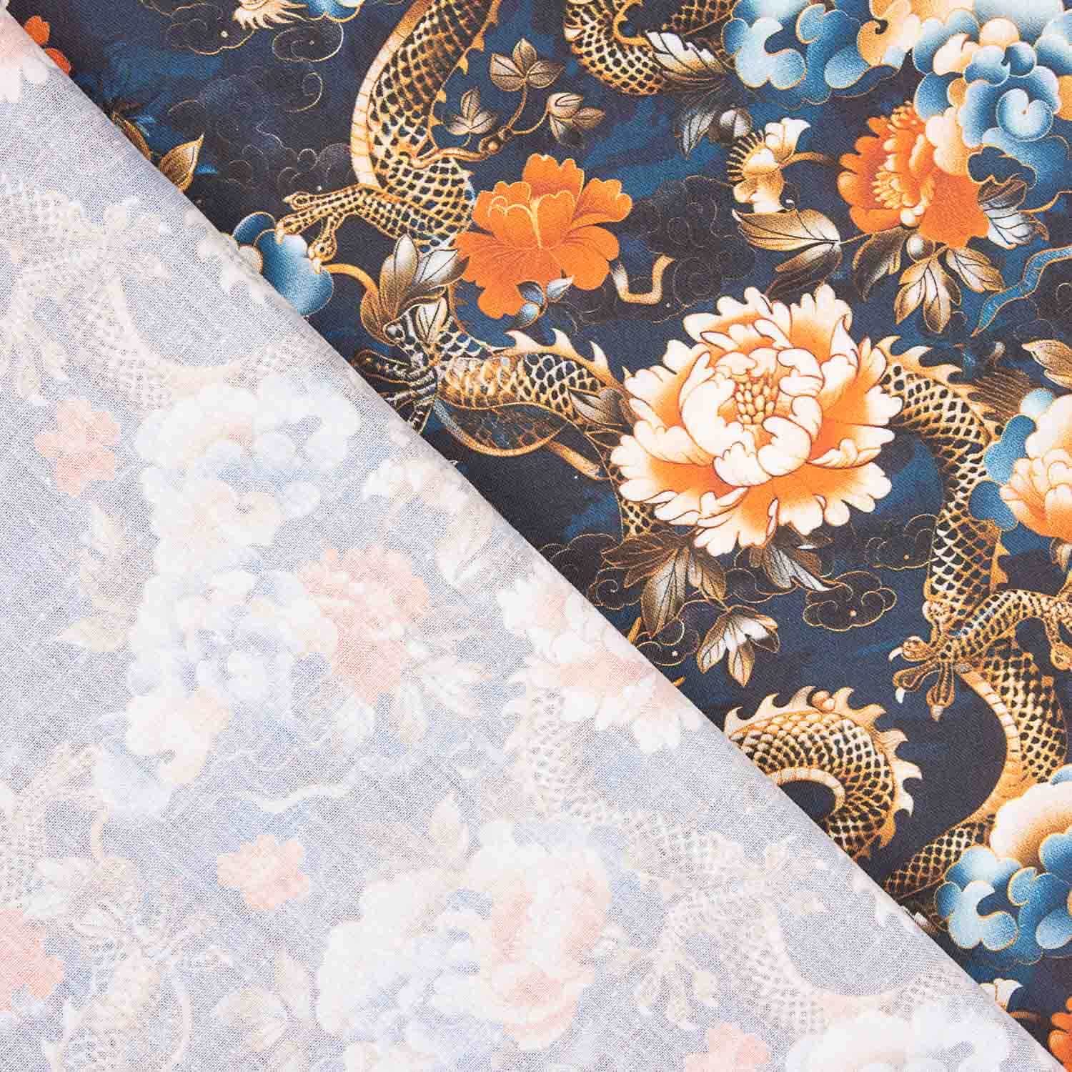 Cotton Poplin with Oriental Dragon and Floral Print - Ribes y Casals