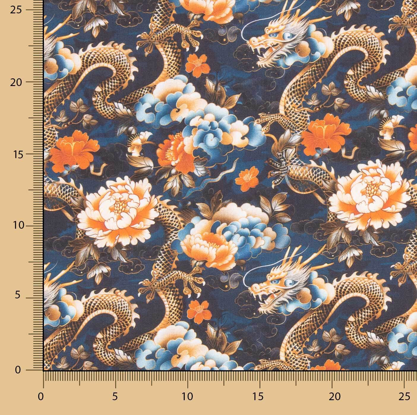 Cotton Poplin with Oriental Dragon and Floral Print - Ribes y Casals