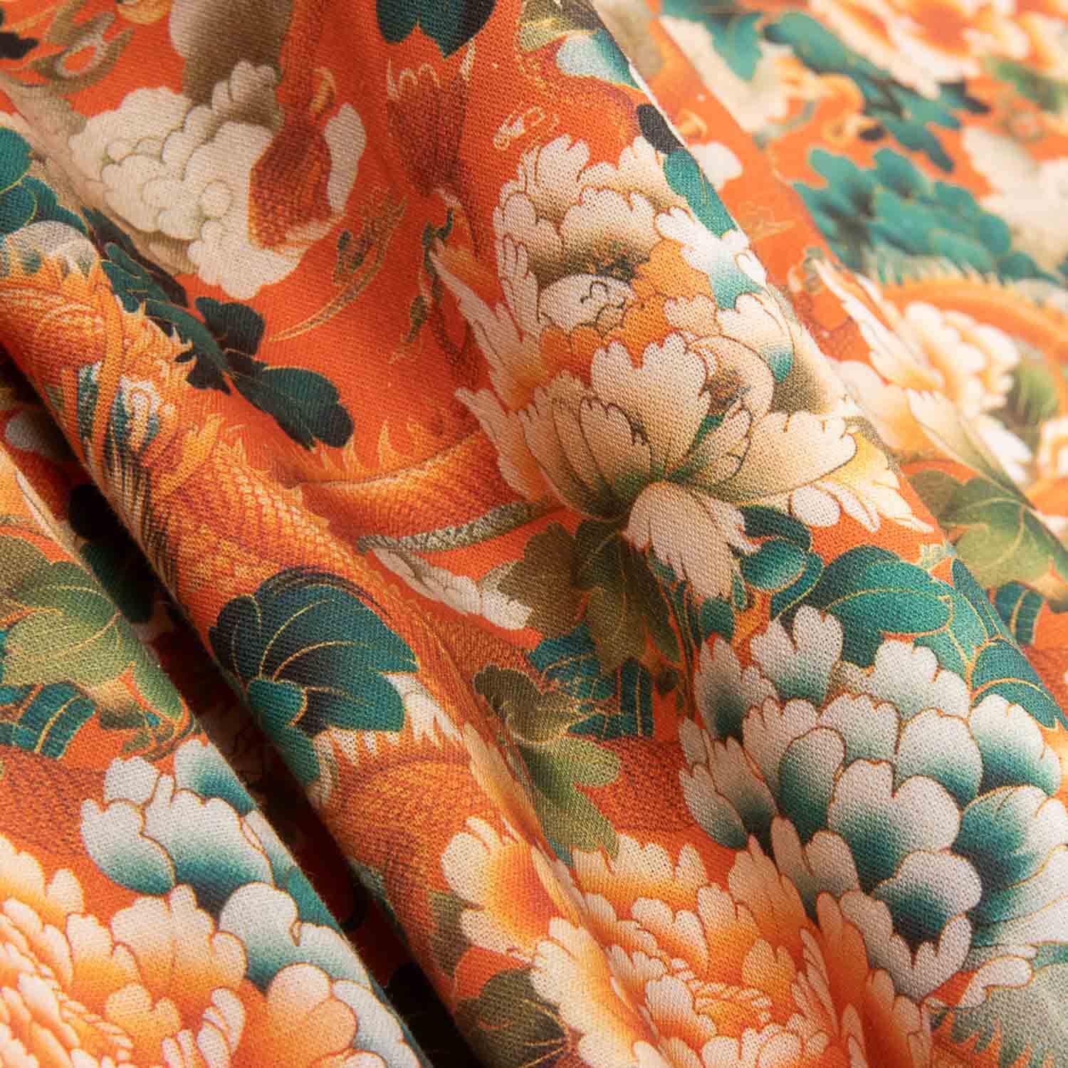 Orange Oriental Dragon and Floral Cotton Poplin - Ribes y Casals