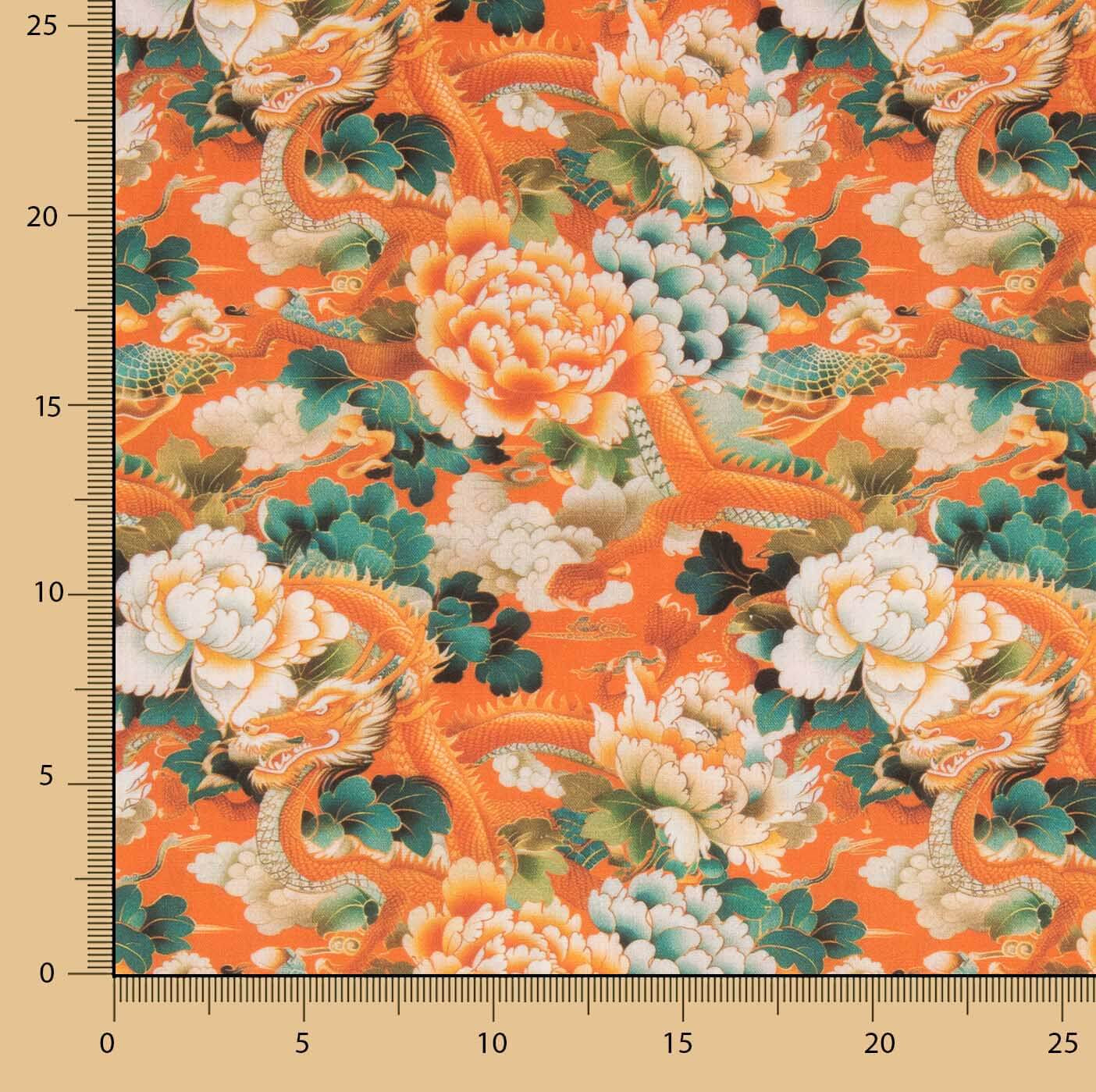 Orange Oriental Dragon and Floral Cotton Poplin - Ribes y Casals
