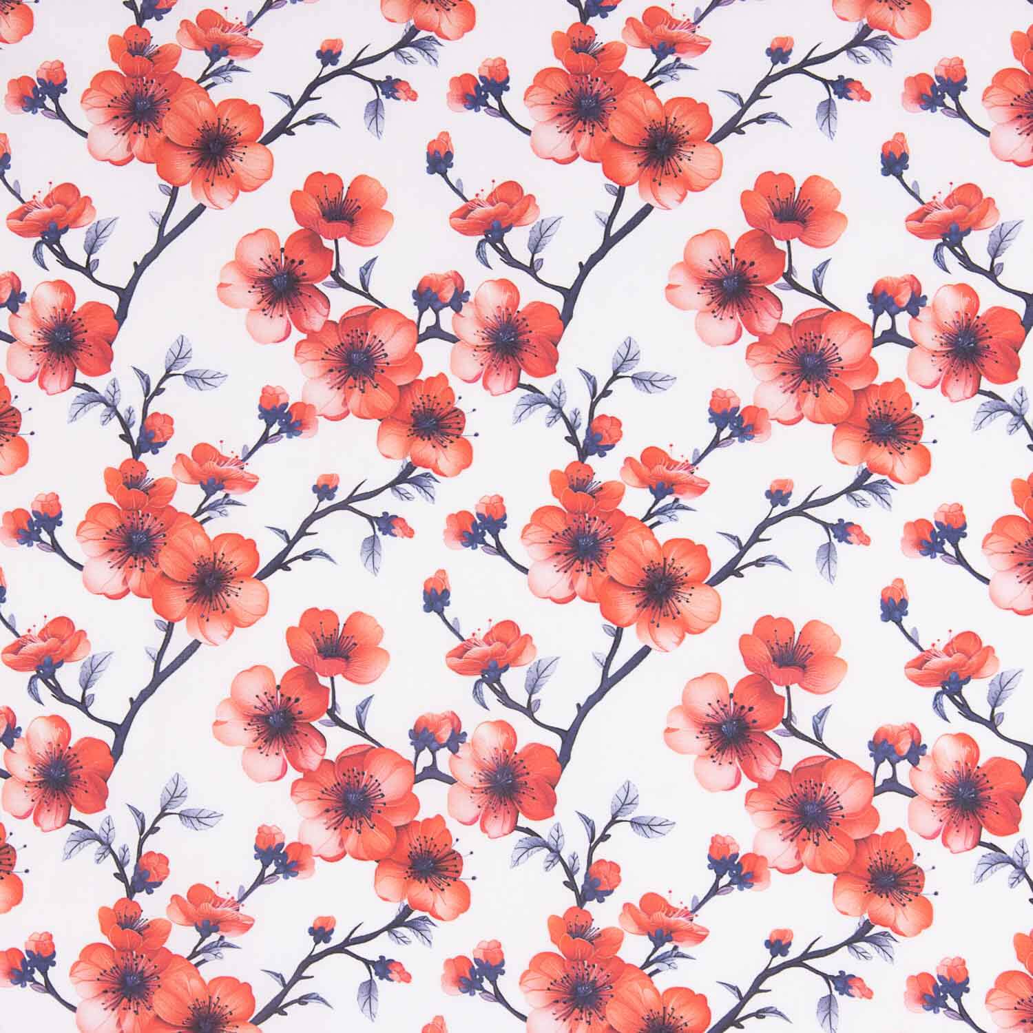 Coral Sakura Branches Cotton Poplin - Ribes y Casals