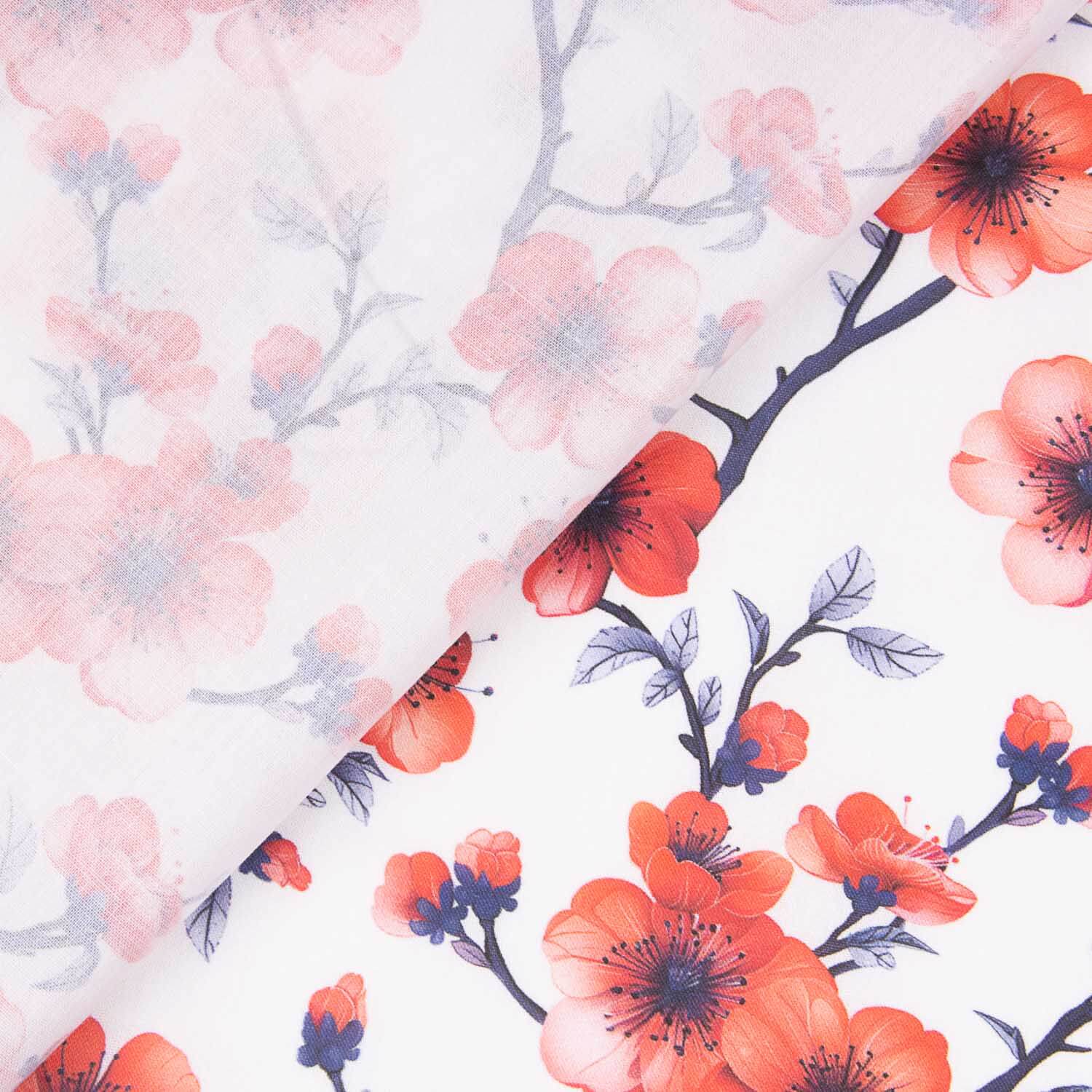Coral Sakura Branches Cotton Poplin - Ribes y Casals