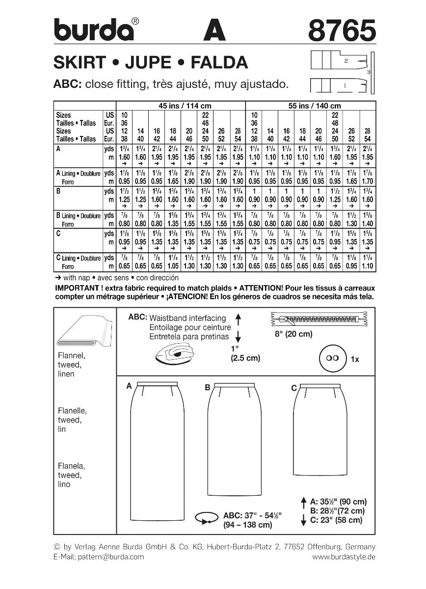 Burda Sewing Pattern 8765 Skirt - Ribes y Casals