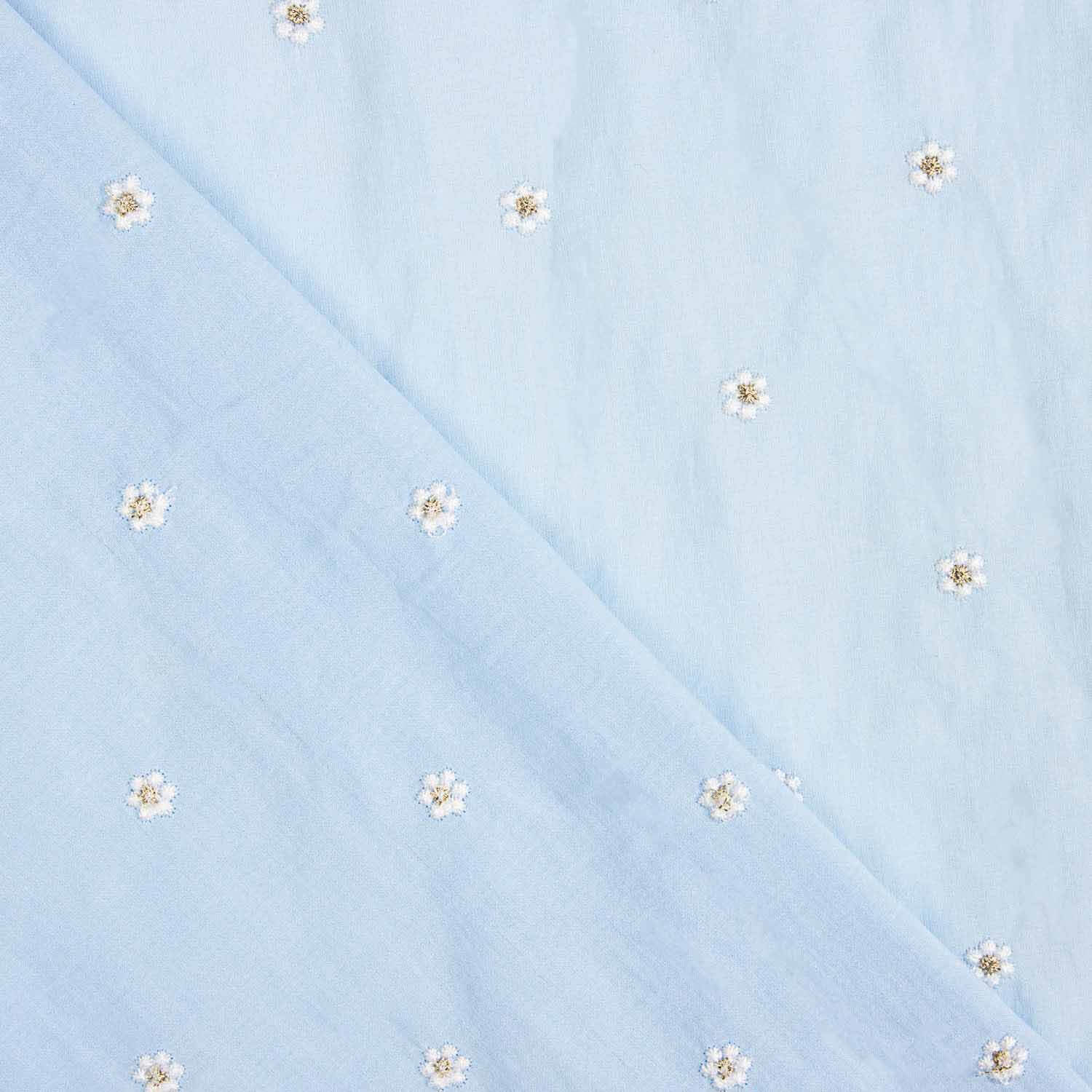 Light Blue Cotton Voile with Floral Embroidery and Gold Lurex - Ribes y Casals