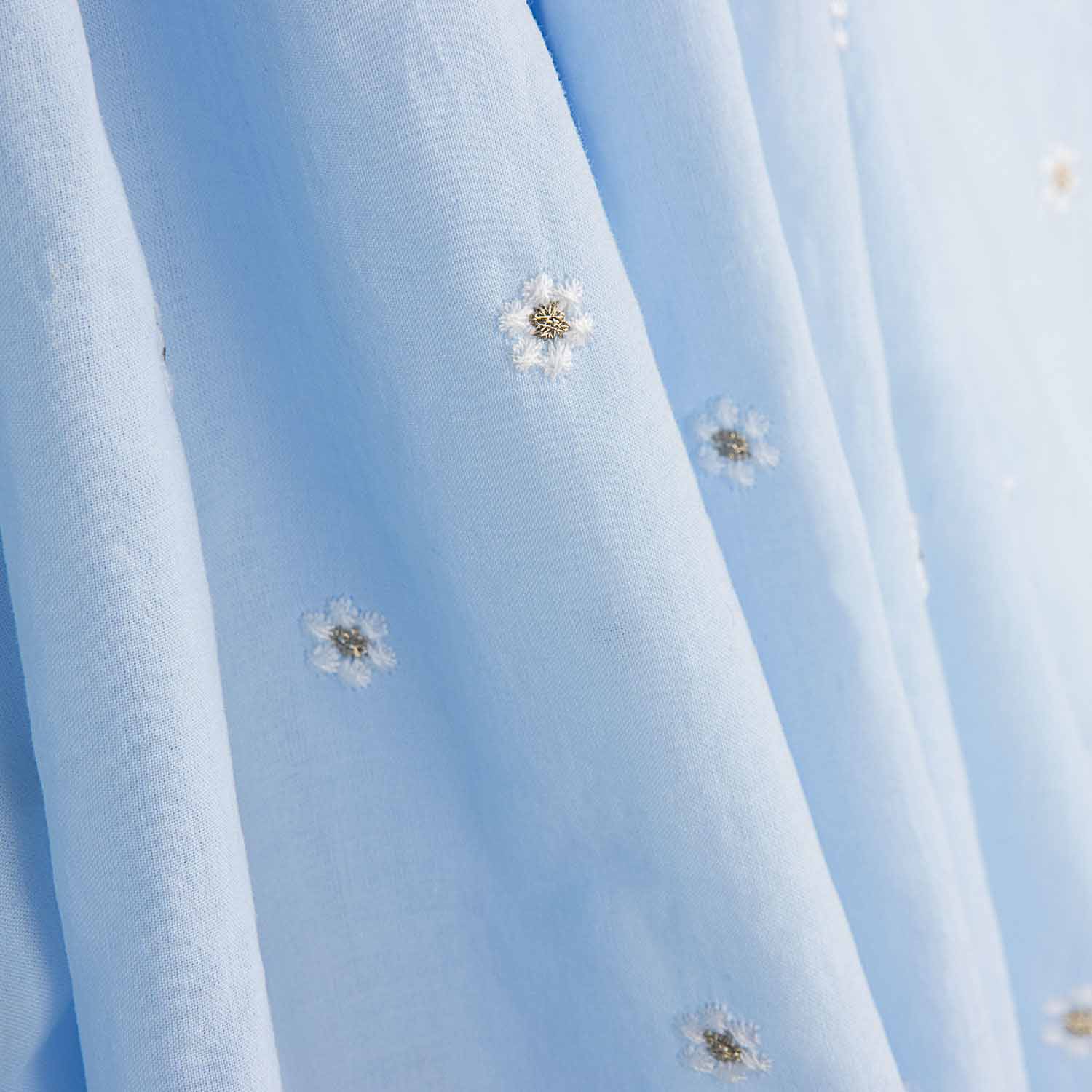 Light Blue Cotton Voile with Floral Embroidery and Gold Lurex - Ribes y Casals