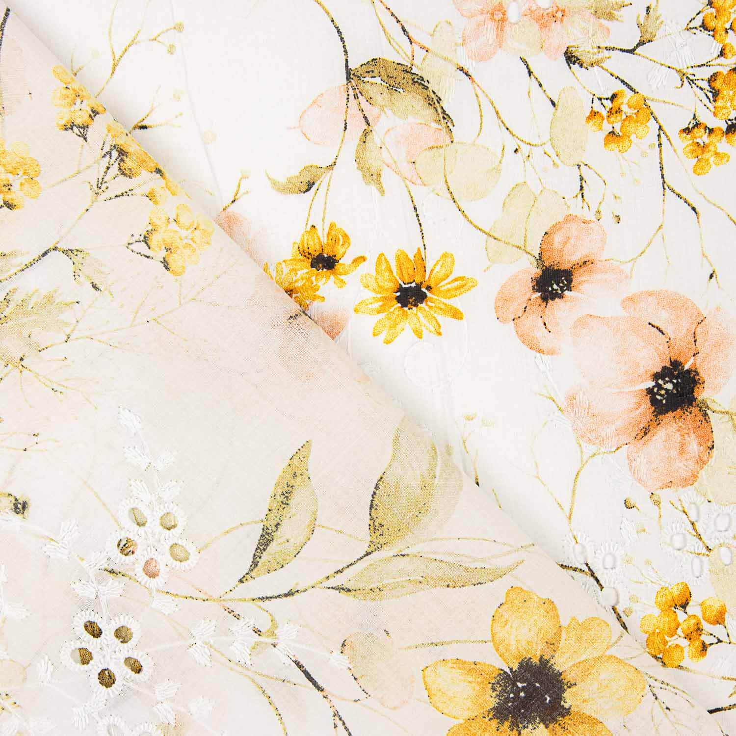 Yellow Floral Embroidered and Digitally Printed Cotton - Ribes y Casals