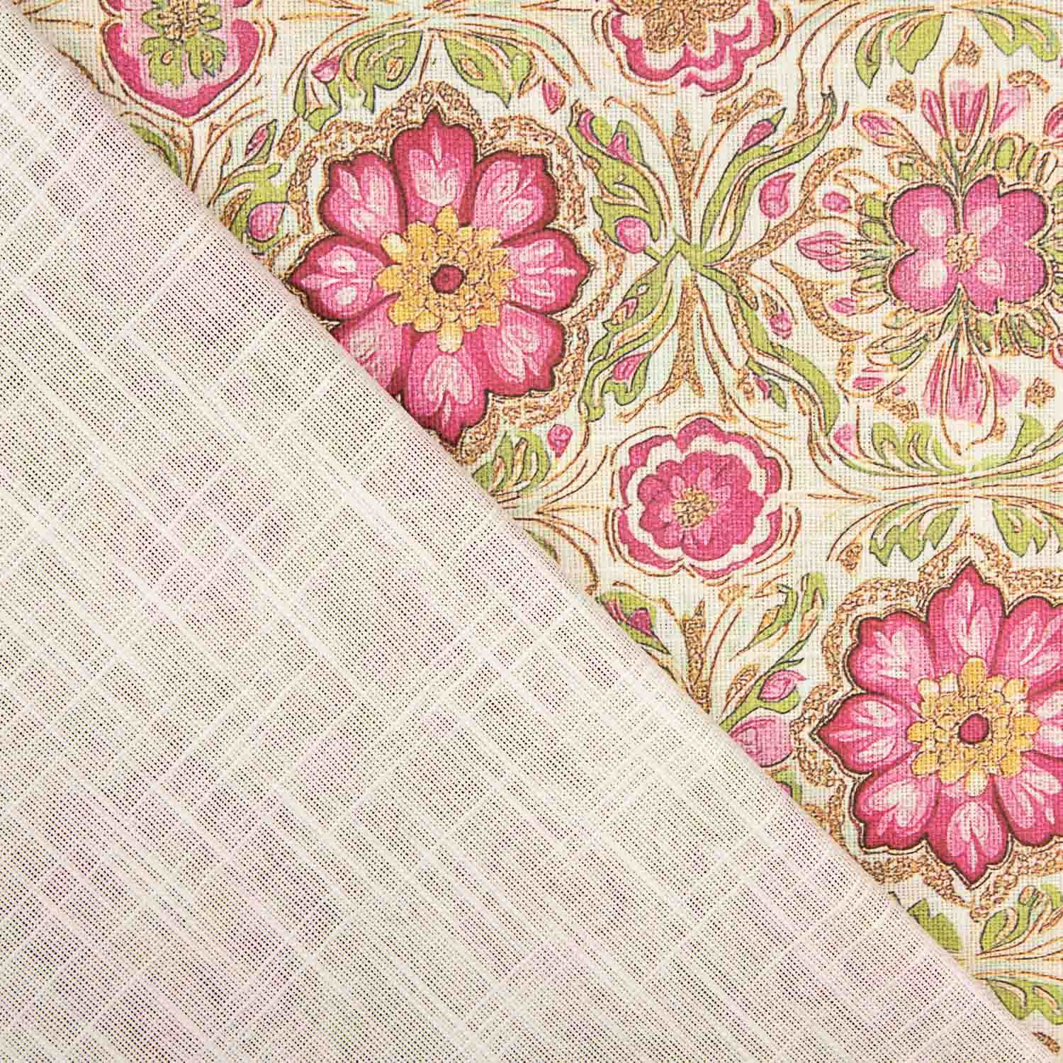 Canvas Cotton Pink Flowers Green Background - Ribes y Casals