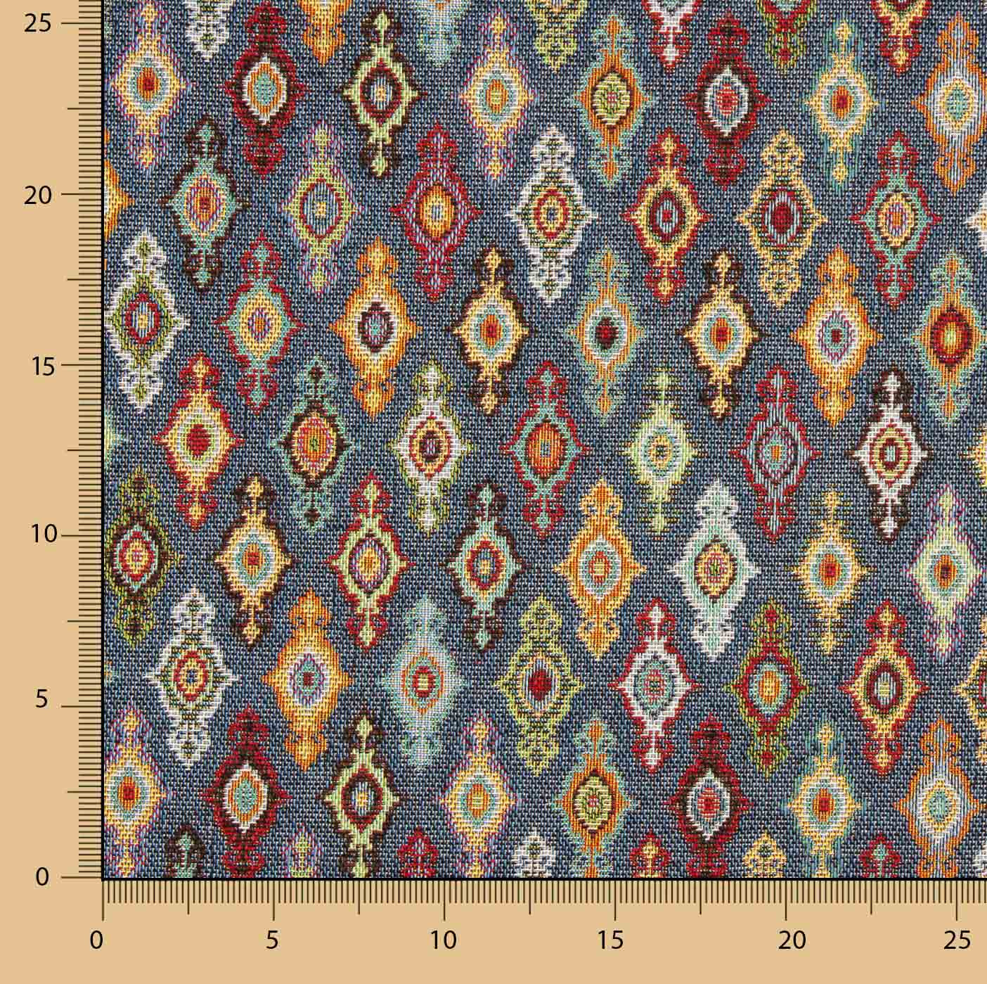 Ethnic-print Gobelin canvas with diamond pattern on a blue background - Ribes y Casals