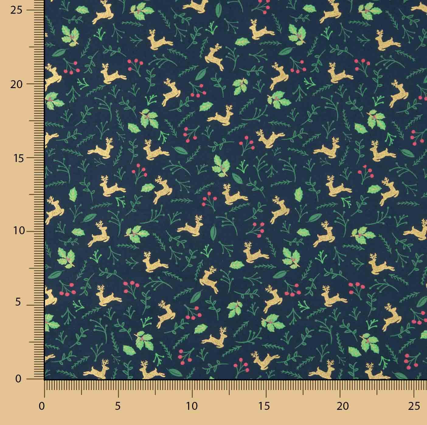 Christmas Poplin: Reindeer and Blue Holly - Ribes y Casals