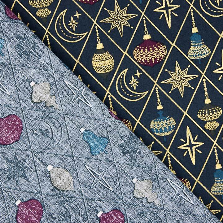 Christmas Poplin with Baubles and Stars in Navy Blue - Ribes y Casals