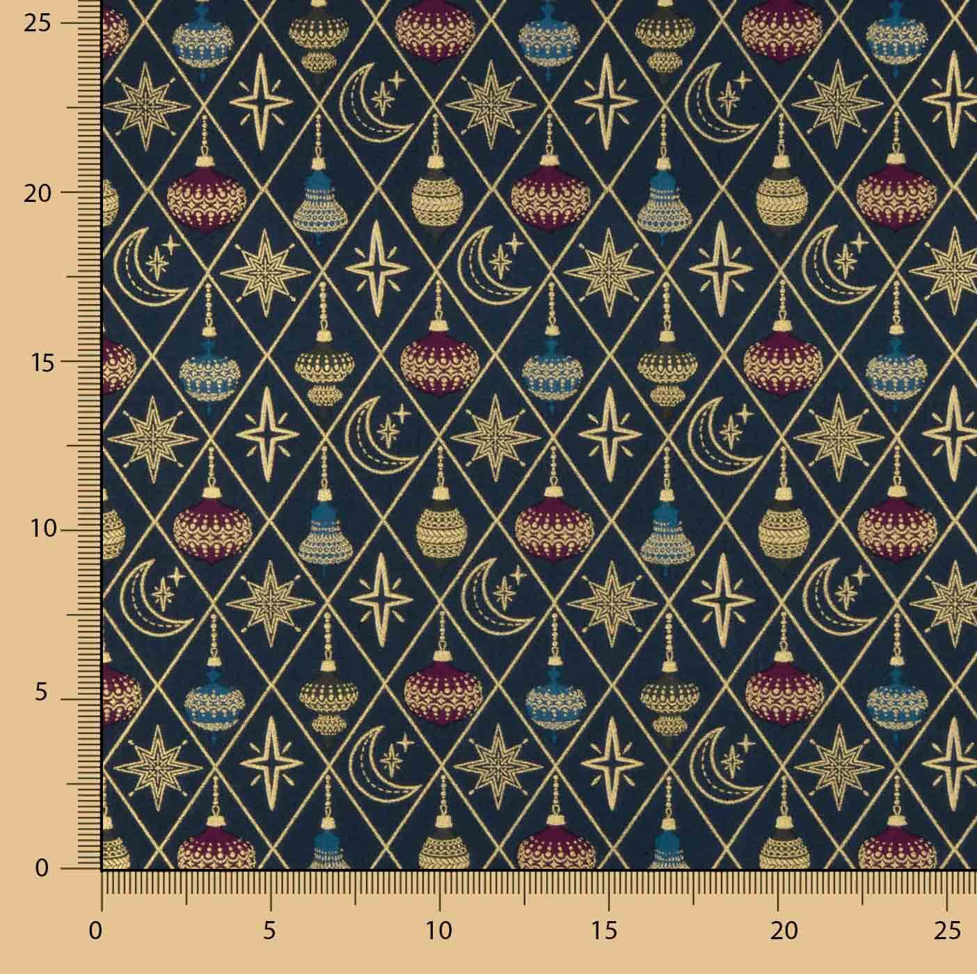 Christmas Poplin with Baubles and Stars in Navy Blue - Ribes y Casals