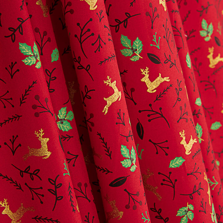 Christmas Poplin with Reindeer and Red Holly - Ribes y Casals