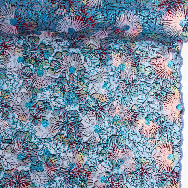 Embroidered and Sequined Flocked Tulle – Blue Garden - Ribes y Casals
