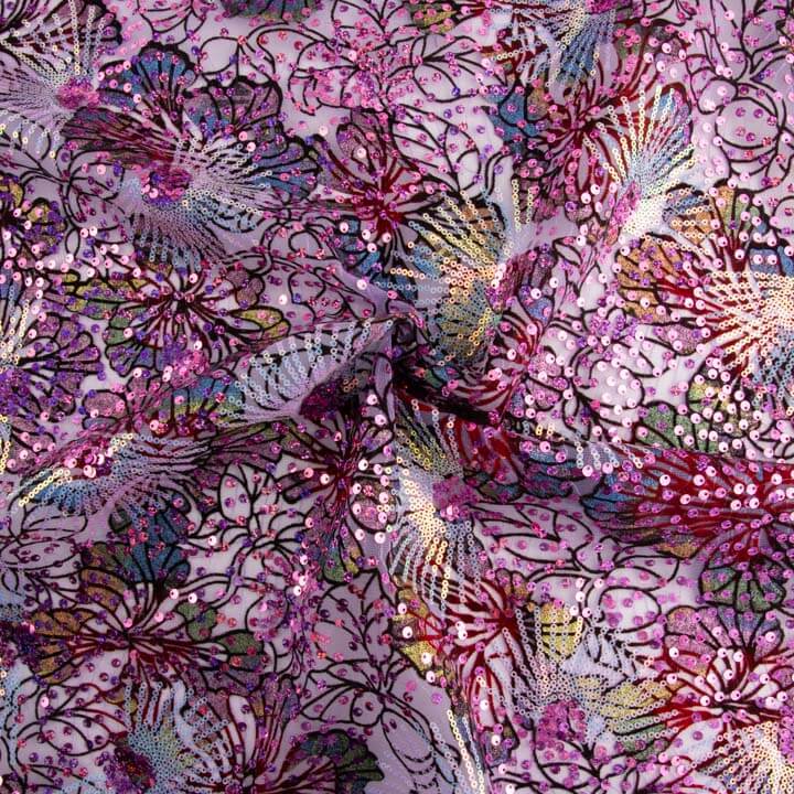 Embroidered and Sequin Tulle in Purple Garden Colour - Ribes y Casals