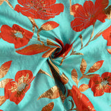 Turquoise, Red and Gold Magnolia Fantasy Brocade - Ribes y Casals