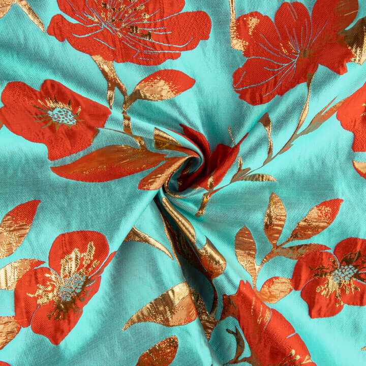 Turquoise, Red and Gold Magnolia Fantasy Brocade - Ribes y Casals