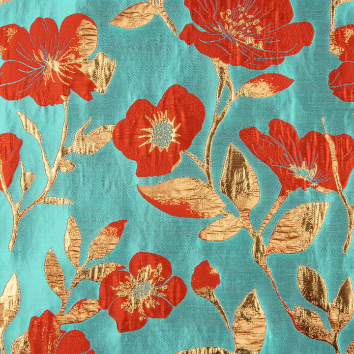 Turquoise, Red and Gold Magnolia Fantasy Brocade - Ribes y Casals