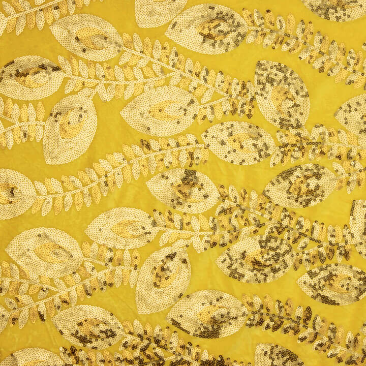 Yellow Dahlia Embroidered Velvet with Sequin Fabric - Ribes y Casals
