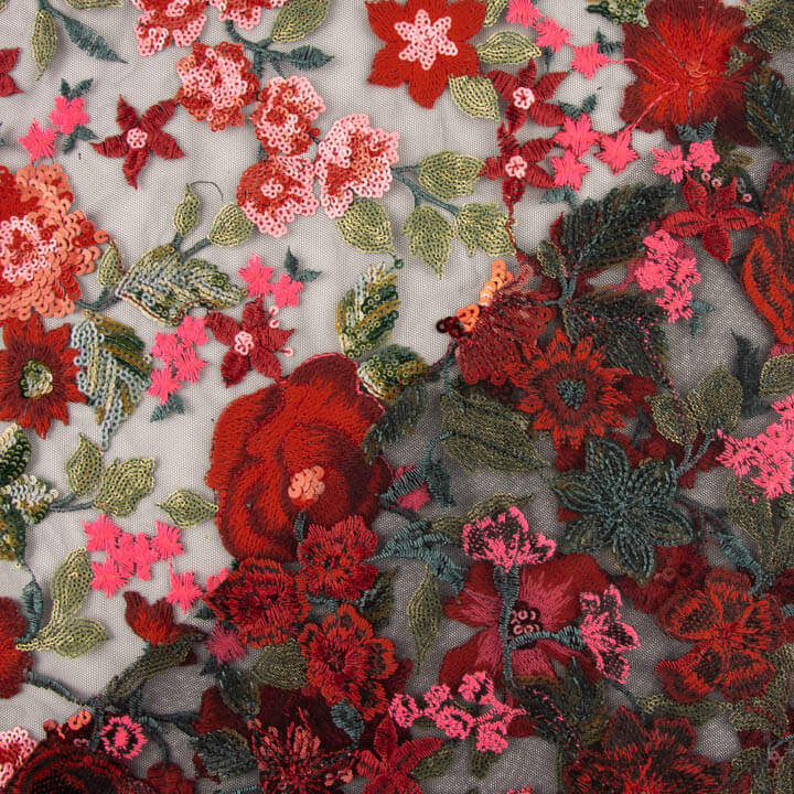 Carmen Red and Black Embroidered Tulle with Floral Designs and Sequin Fabric - Ribes y Casals