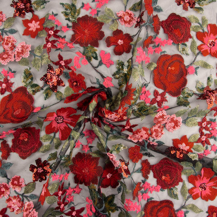 Carmen Red and Black Embroidered Tulle with Floral Designs and Sequin Fabric - Ribes y Casals