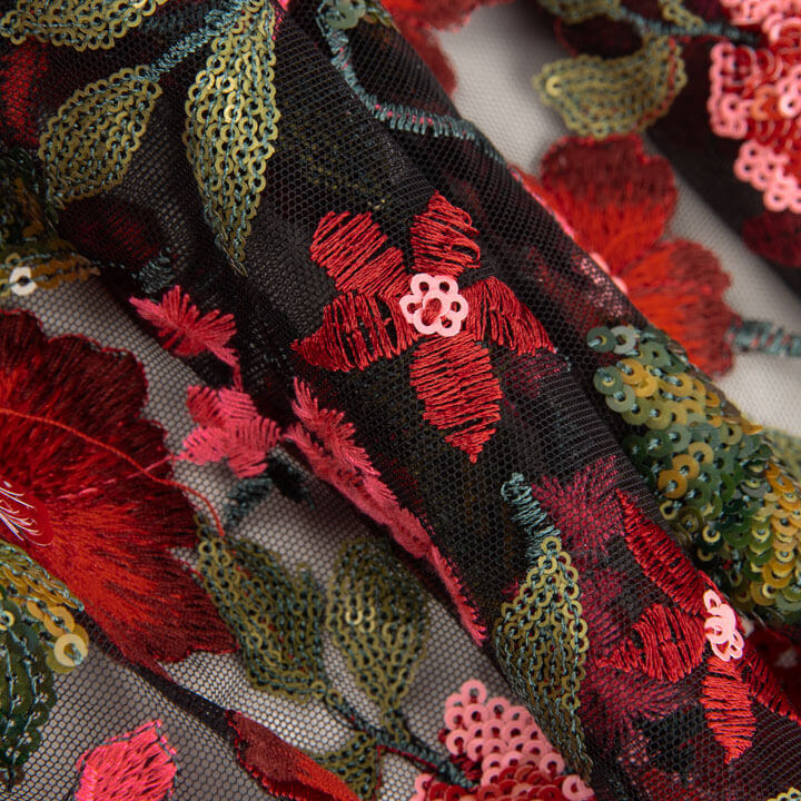 Carmen Red and Black Embroidered Tulle with Floral Designs and Sequin Fabric - Ribes y Casals