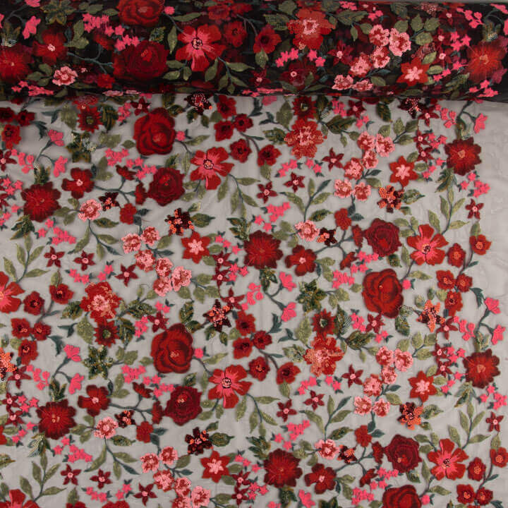 Carmen Red and Black Embroidered Tulle with Floral Designs and Sequin Fabric - Ribes y Casals