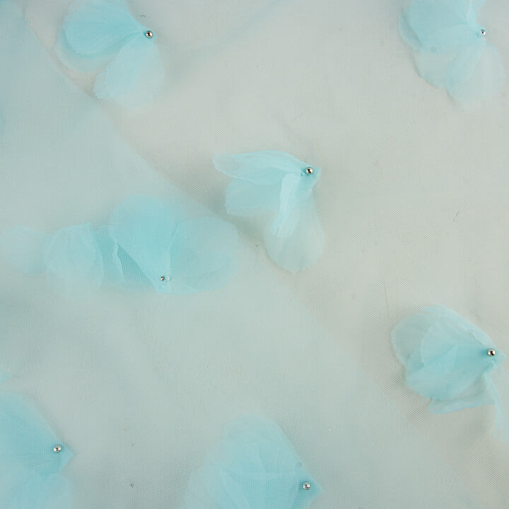 Turquoise Blue Tulle with 3D Floral Patterns and Pearls - Ribes y Casals
