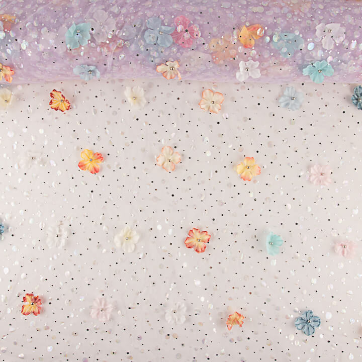 Mauve Fairy Garden Tulle with 3D Floral Designs and Silver Lamé - Ribes y Casals