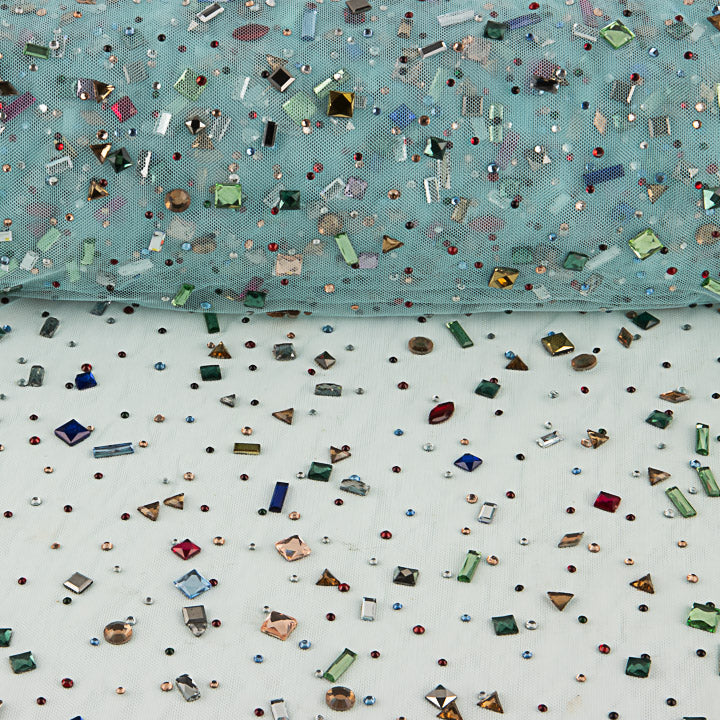 Tulle Luxury in Aquamarine Green with Multicoloured Rhinestones - Ribes y Casals