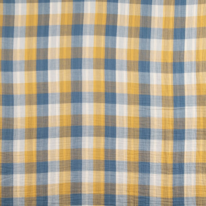 Double Gauze Reversible Bambula – Checks and Stripes in Mustard Blue - Ribes y Casals