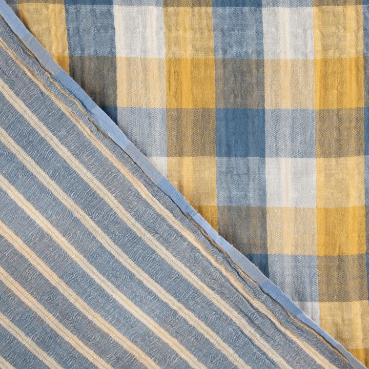 Double Gauze Reversible Bambula – Checks and Stripes in Mustard Blue - Ribes y Casals