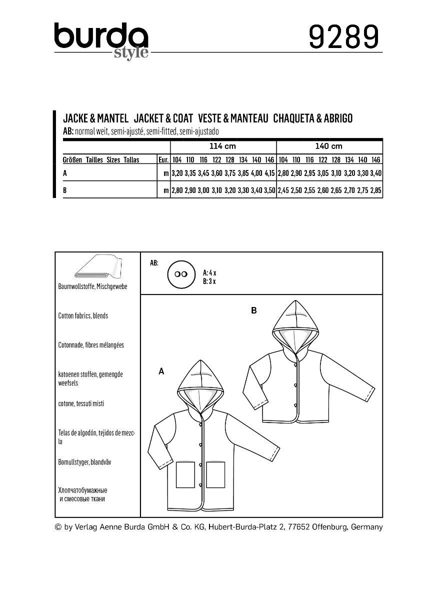 Burda Sewing Pattern 9289 Coat - Ribes y Casals
