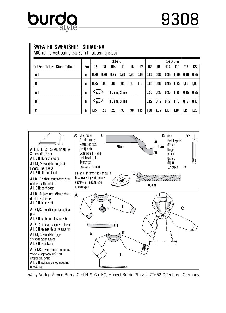 Burda Sewing Pattern 9308 Sweatshirt - Ribes y Casals