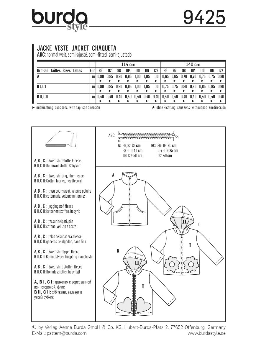 Burda Sewing Pattern 9425 Jacket - Ribes y Casals