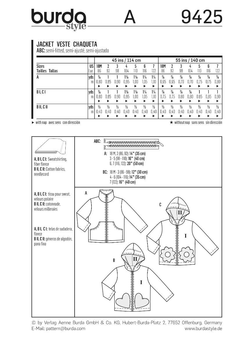 Burda Sewing Pattern 9425 Jacket - Ribes y Casals