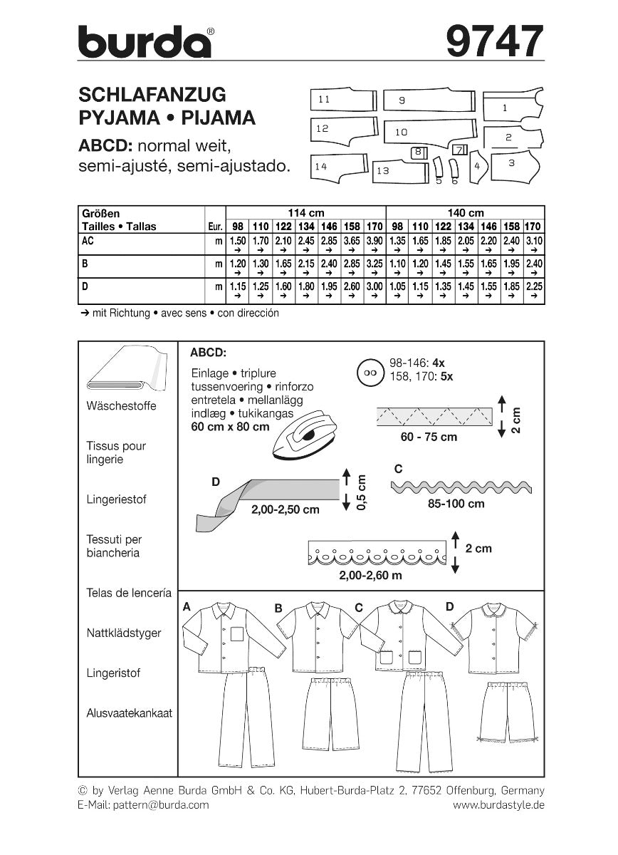 Burda Sewing Pattern 9747 Pyjamas - Ribes y Casals