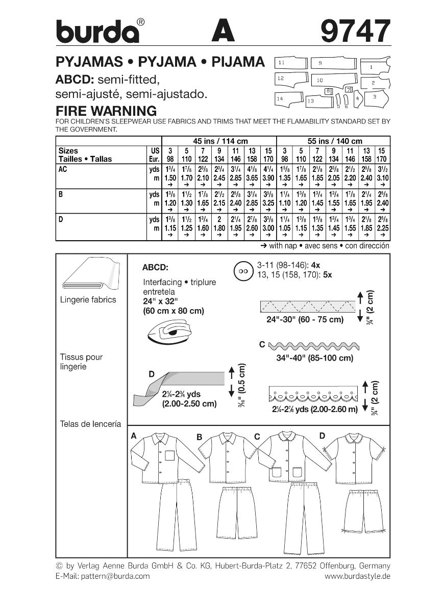 Burda Sewing Pattern 9747 Pyjamas - Ribes y Casals