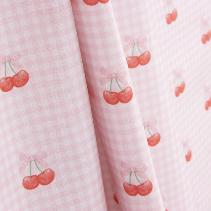 Pink Gingham Cherry Print Percale - Ribes y Casals