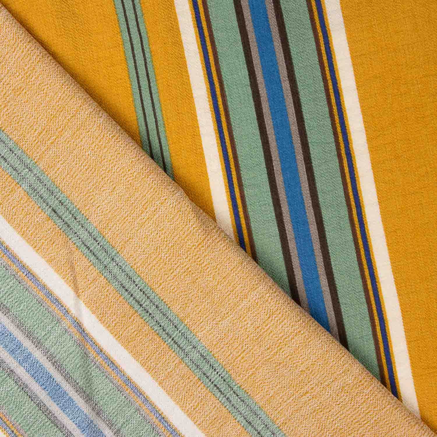 Mustard and Blue Stripes on a Crepe Viscose Fabric - Ribes y Casals