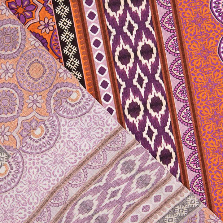 Ethnic-print viscose with orange and purple stripes - Ribes y Casals