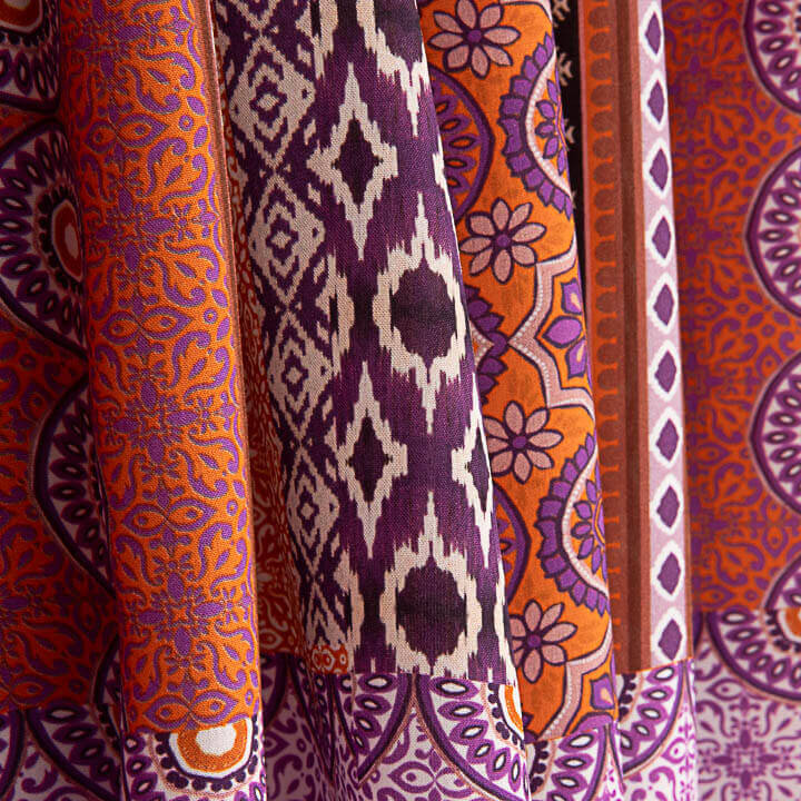 Ethnic-print viscose with orange and purple stripes - Ribes y Casals