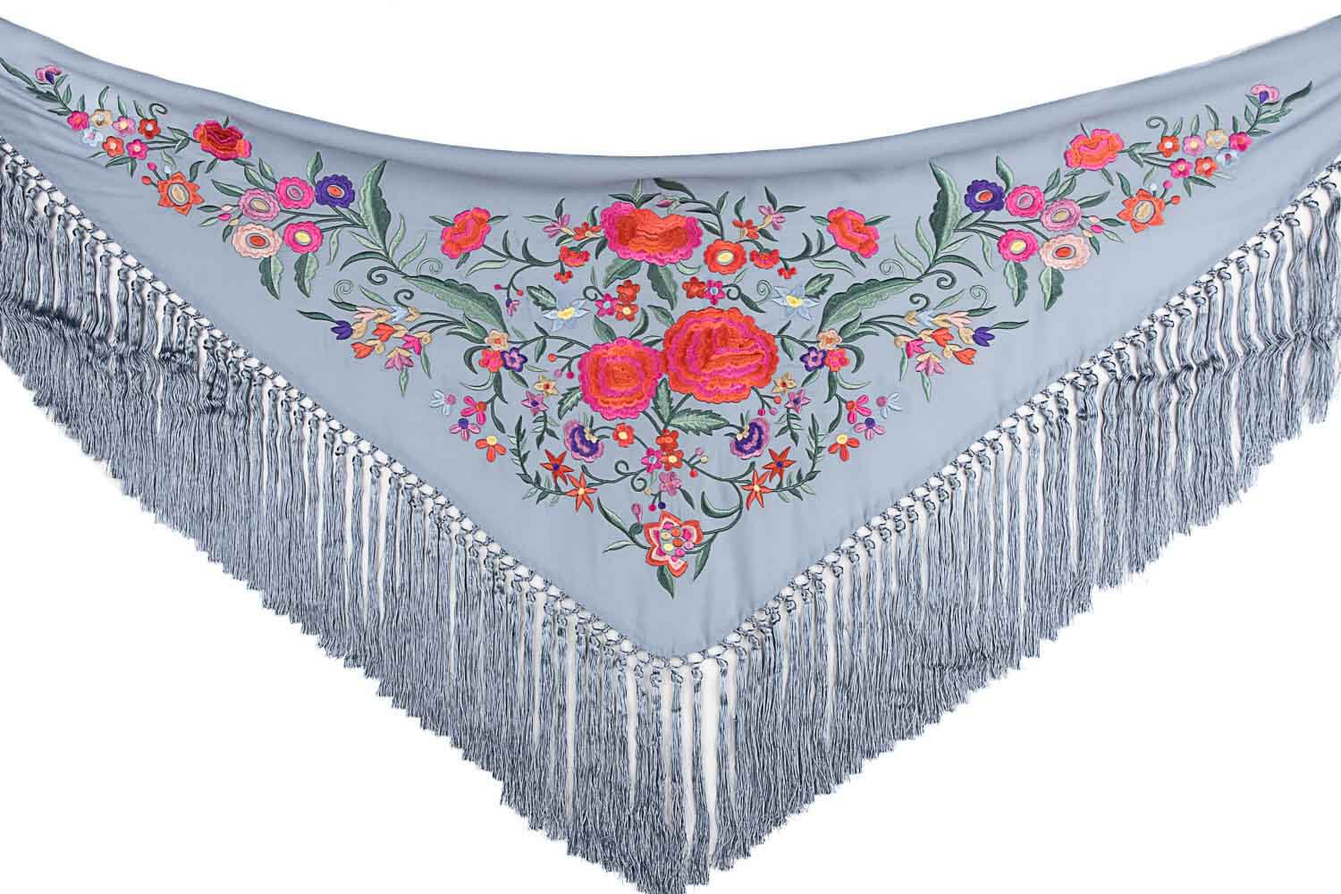 Light Denim Blue Embroidered Flamenco Shawl - Ribes y Casals