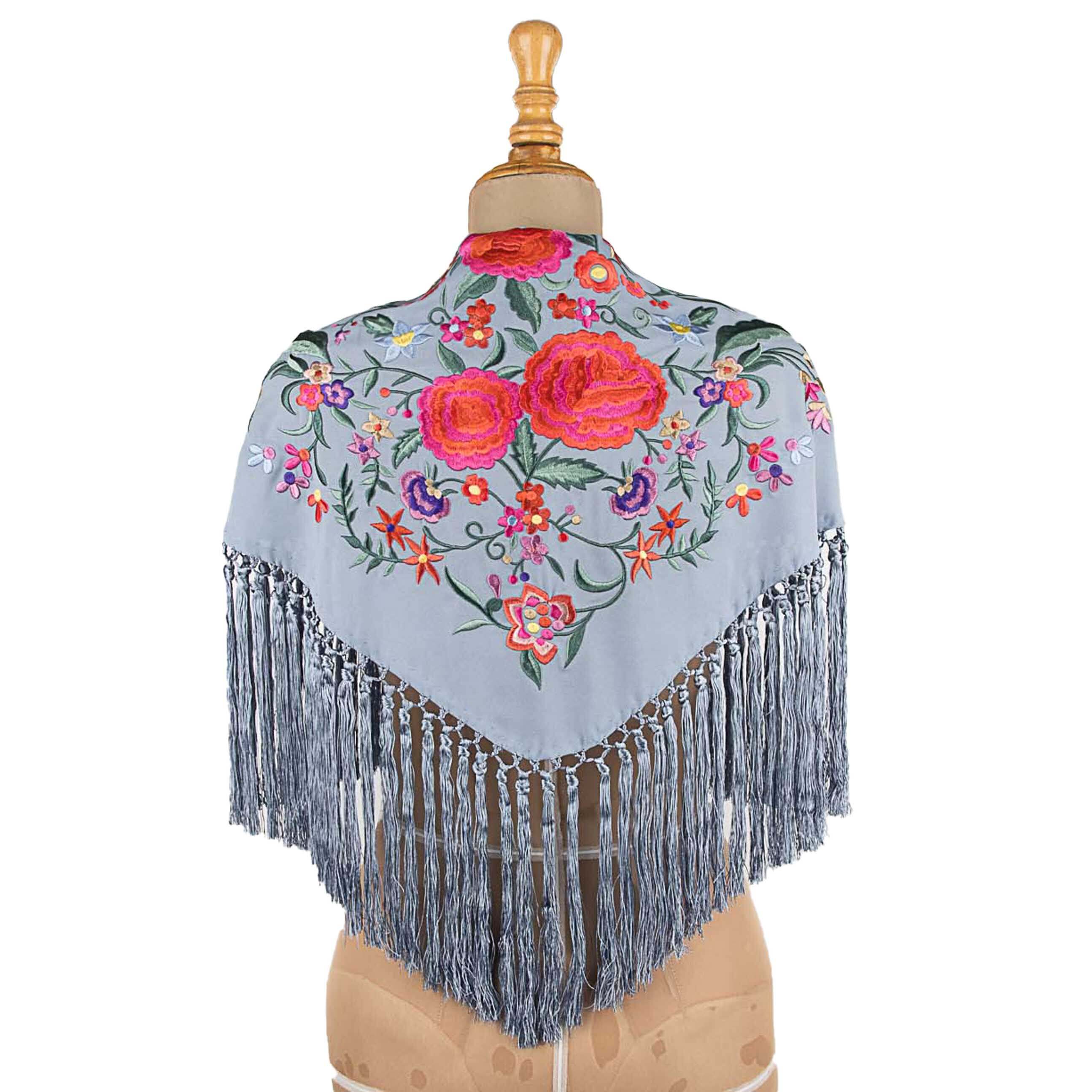 Light Denim Blue Embroidered Flamenco Shawl - Ribes y Casals