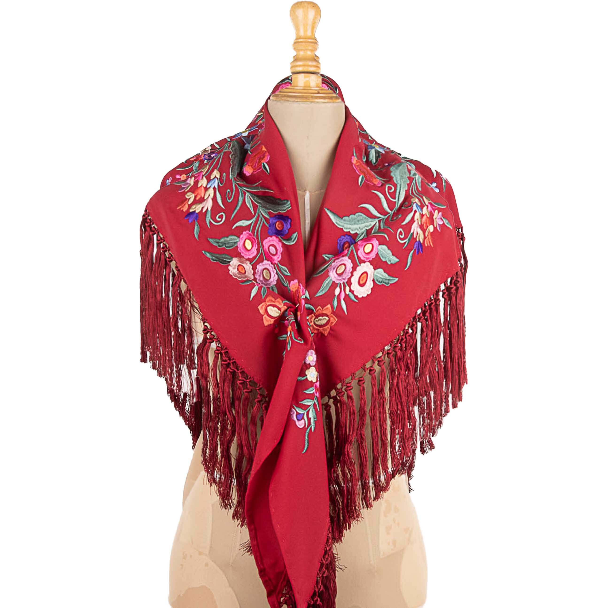 Embroidered Burgundy Flamenco Shawl - Ribes y Casals